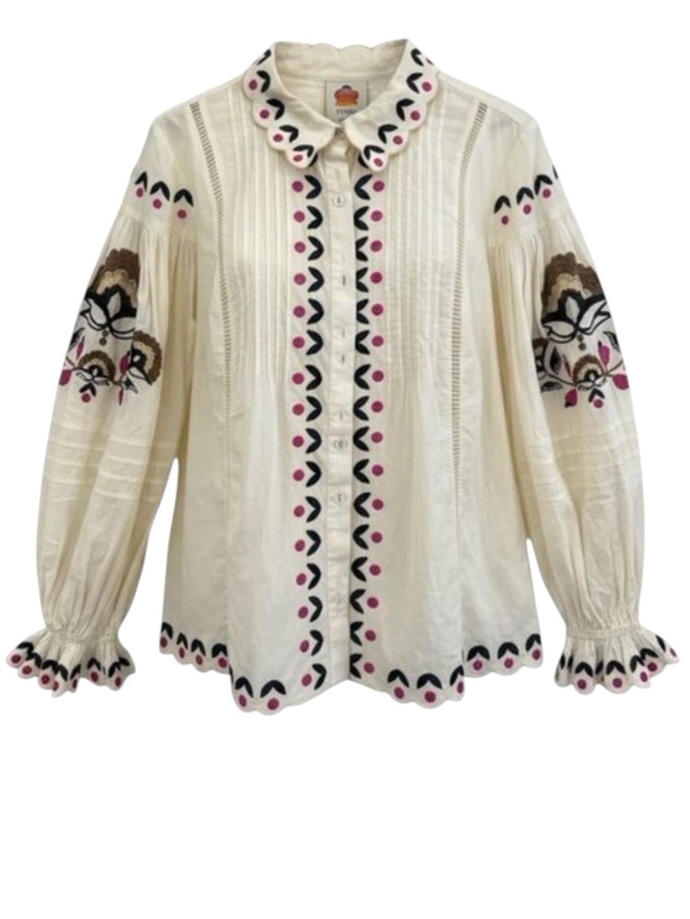 Farm Rio Palms Paradise Sand Embroidered Cotton Long Sleeve Button Up Shirt Top